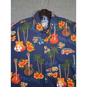 High Seas Mens Shirt Large Blue Guitar Floral Hawaiian Surf Rock USA Made VTG